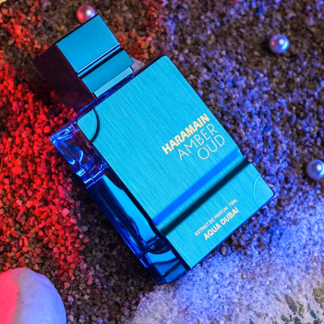 Perfume Al Haramain Amber Oud Aqua Dubai presentación original en Luzents Riobamba