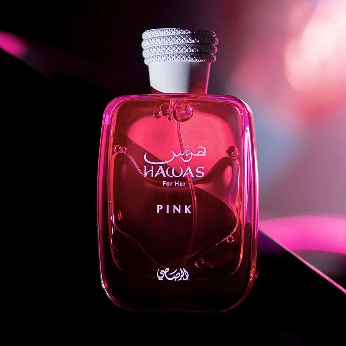 Presentación del perfume Rasasi Hawas Pink para mujer en Luzents Riobamba